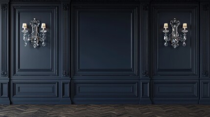 Timeless wall featuring navy panels and crystal sconces for classic appeal.