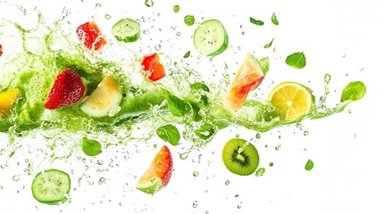Dynamic Green Smoothie Splash: A Fresh and Vibrant Poster for Fitness Spaces, Showcasing Healthy Living and Energizing Nutrition Against a Minimalistic White Background.