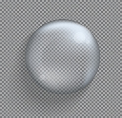 Realistic 3d glass sphere ball on checkered background. Transparent water drop. Glass sphere with glares and shadow. Single bubble.