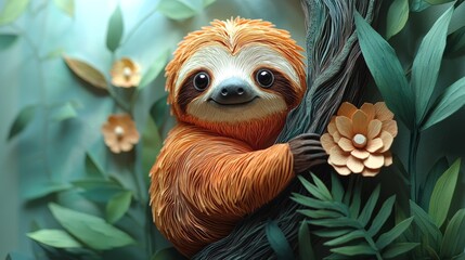 Obraz premium Cheerful Sloth Hanging from a Tree with Paper Flowers