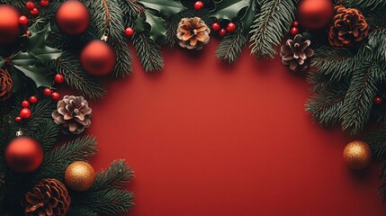 Blank Christmas and Happy New Year Background with Copy Space for Text. Festive pine cones, red berries, branches frame with ornaments and snow on the floor, red holiday background.