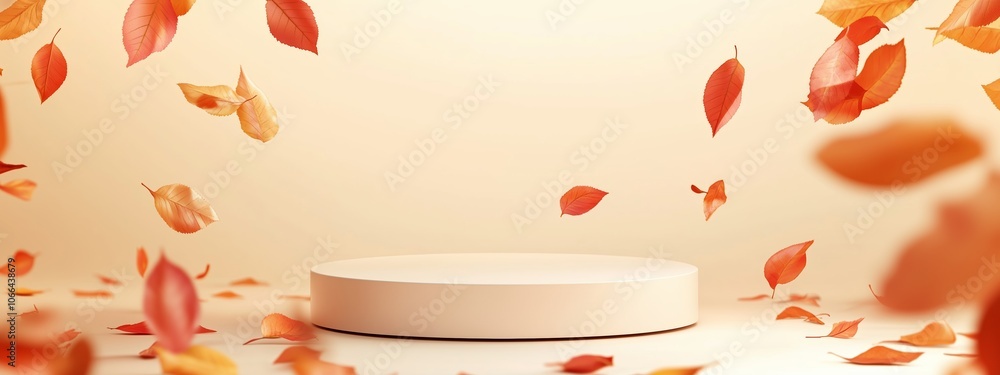Poster a minimalist display with a circular pedestal surrounded by colorful autumn leaves in a soft, warm s