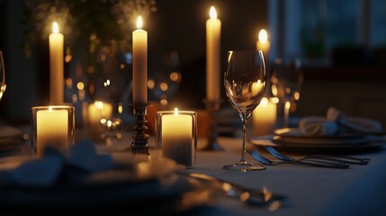 A romantic dinner table set with candles and elegant glassware, creating a warm and inviting atmosphere in dim lighting.