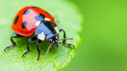 A vibrant red ladybug with black spots rests on a green leaf, showcasing nature's beauty and intricate details in the insect world.