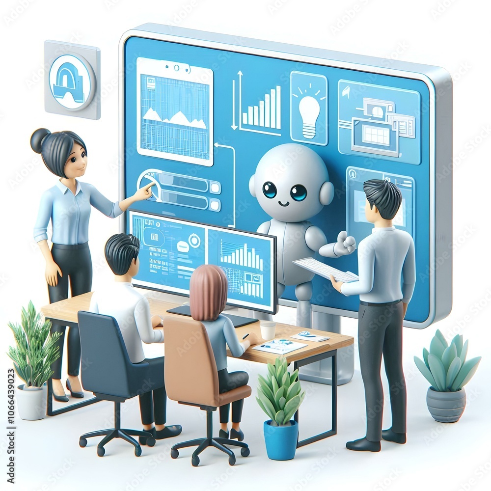 Poster 3d candid photo team analyzing ai generated production reports digital devices modern office data dr