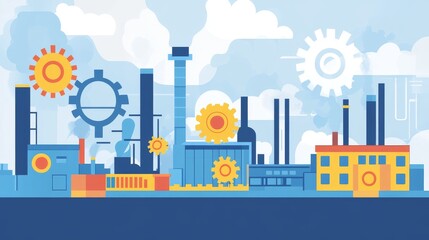 Obraz premium A colorful illustration of an industrial landscape with factories and gears.