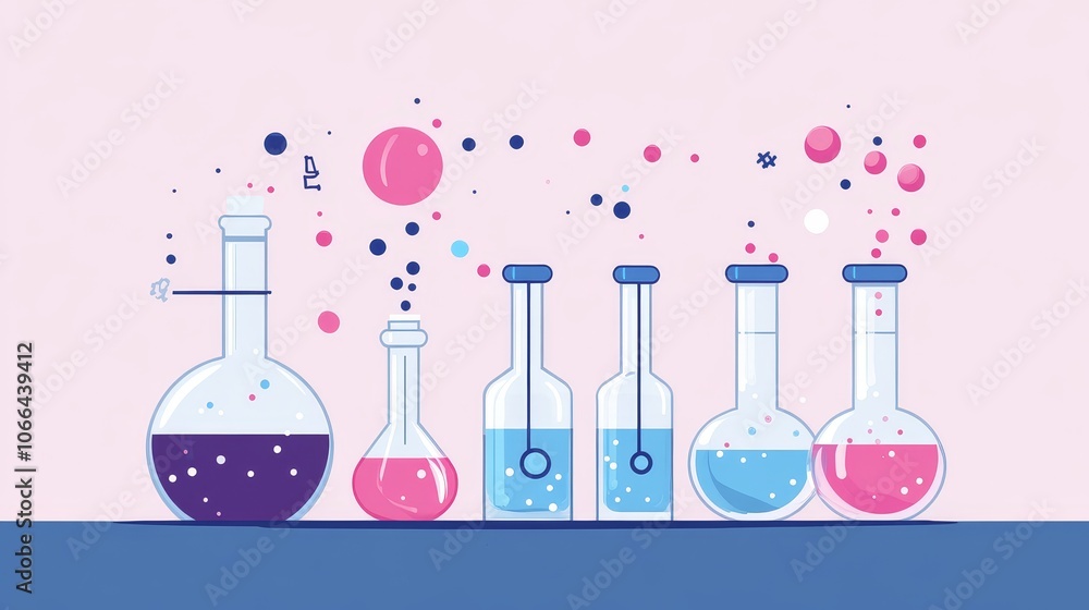 Poster a colorful array of laboratory glassware with bubbling liquids, illustrating scientific experimentat