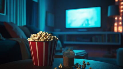 A cozy living room scene featuring a bucket of popcorn and a TV glowing in the background, perfect for movie night.