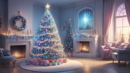 Fototapeta premium Elegant Christmas living room with a beautifully decorated tree, gifts, and festive decorations