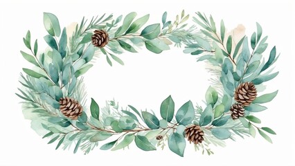Fototapeta premium Elegant watercolor wreath with pine cones and eucalyptus leaves for holiday decor