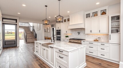 Modern white kitchen with stainless steel appliances, marble countertops, and a large island.