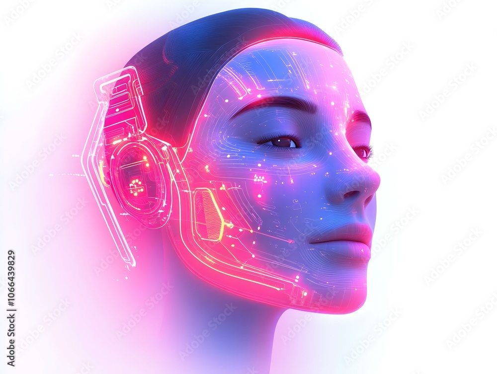 Poster futuristic device glow illuminating face macro shot joy technological advancement working from home 