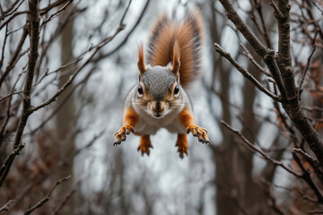 Fototapeta premium squirrel leaping between tree branches
