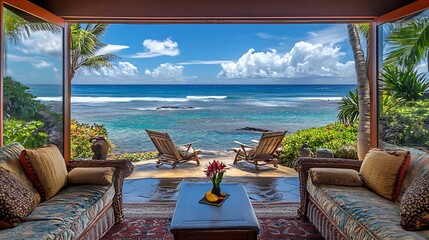 Fototapeta premium Tropical Patio with Ocean View and Wicker Furniture
