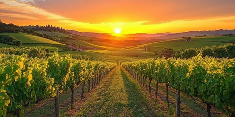 Naklejka premium Summer Vineyard Panoramic View at Sunset