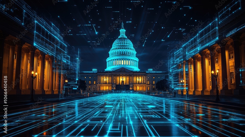 Poster the us capitol building with digital overlay of data and code.