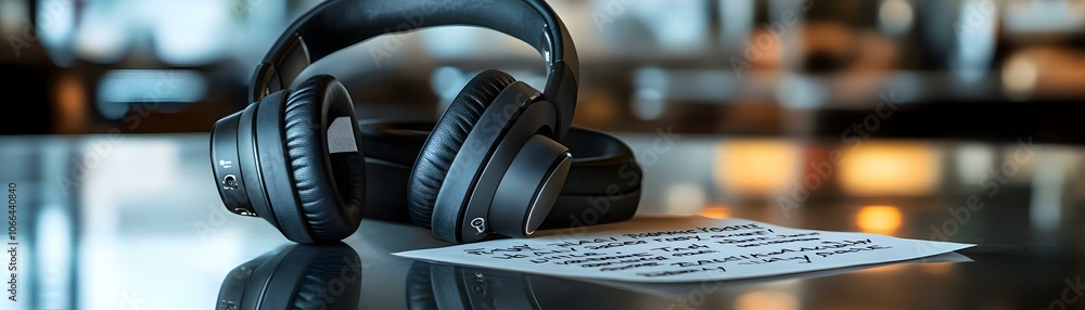 Poster glossy headphones on plain desk surface with copy space | concept for remote working comfort | stati