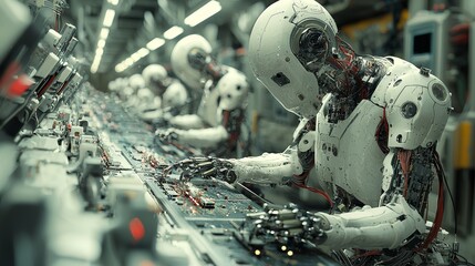 Fototapeta premium Robotic Arms Performing Soldering Tasks in Factory