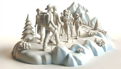 3D Mountain Hike Friends Outdoor Adventure Abstract Background Rugged Terrain Hikers Group Space for Text Promoting Social Fitness Nature Scene Iconic Design