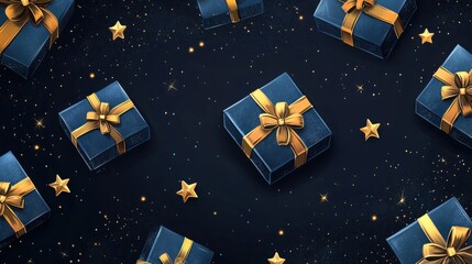 A visually captivating arrangement of beautifully wrapped gift boxes with golden bows on a starry night background. Perfect for holiday themes.