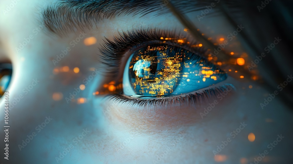 Poster 3d close up family eyes reflecting code digital data streams emphasizing integration human emotion t