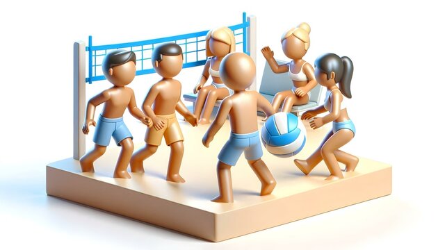 3D Team Volleyball Game Beach Candid Shot Friends Engaged Playing Volleyball Movement Fitness Sports Iconic White Background Promote Beach Sports