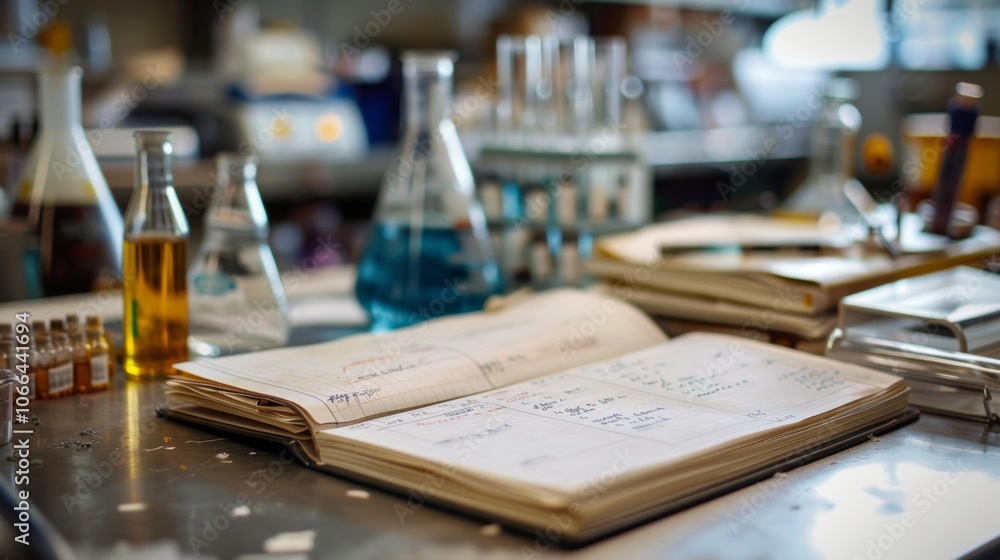 Poster open notebook containing scientific data and calculations laying on a table in a laboratory setting 