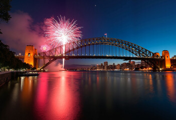 Celebrate Australia Day with vibrant fireworks lighting up the Sydney Harbour Bridge at night