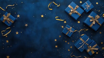 A collection of beautifully wrapped blue gift boxes with gold ribbons and decoration against a dark blue background, adorned with scattered stars and ribbons.