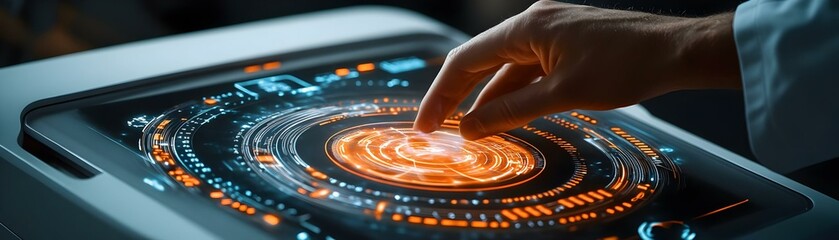 Close Up Medical Technician Holographic MRI Interface Macro Shot Precision Advanced Technology Futuristic Diagnostic Procedures Photo Stock Concept