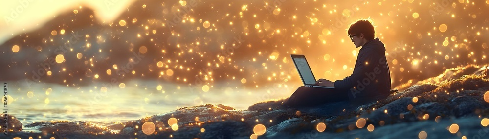 Poster soft abstract digital art remote worker comfortable chair tablet bokeh lights mobile work concept - 
