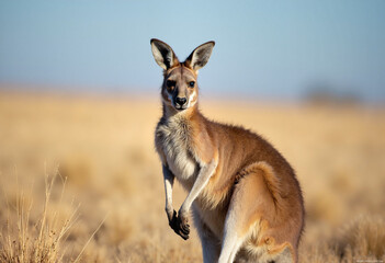 Fototapeta premium A kangaroo stands proudly in the golden grasslands, celebrating Australia Day under the clear blue sky