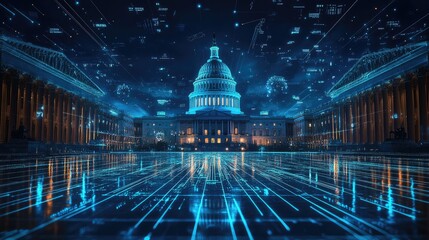 The US Capitol Building at night with a futuristic digital overlay, showcasing data and technology.
