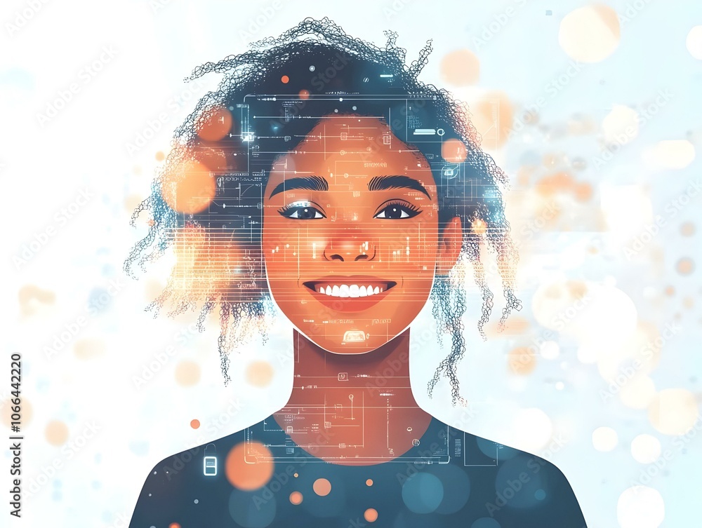 Poster flat person smiling holographic interface bokeh background digital art image person interacting holo