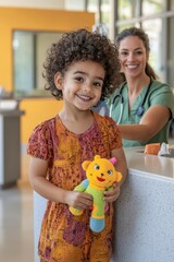 A parent checking in their child at a pediatrician s office, the child holding a favorite toy while the receptionist smiles warmly, vibrant colors, and a welcoming atmosphere