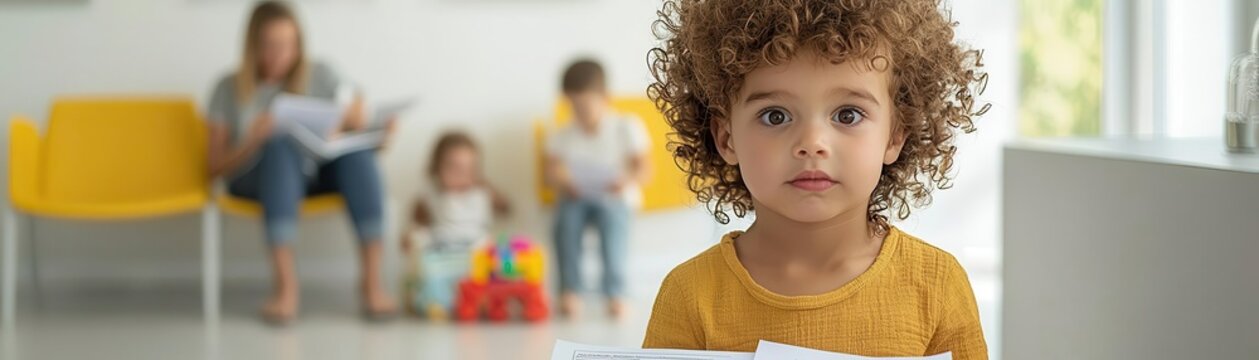 Parents and children waiting in a doctor s office, children playing with toys in the corner while parents fill out forms, a bright and cheerful waiting room