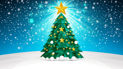 Obraz premium A stylized, geometric Christmas tree adorned with gold ornaments and topped with a glowing star. 