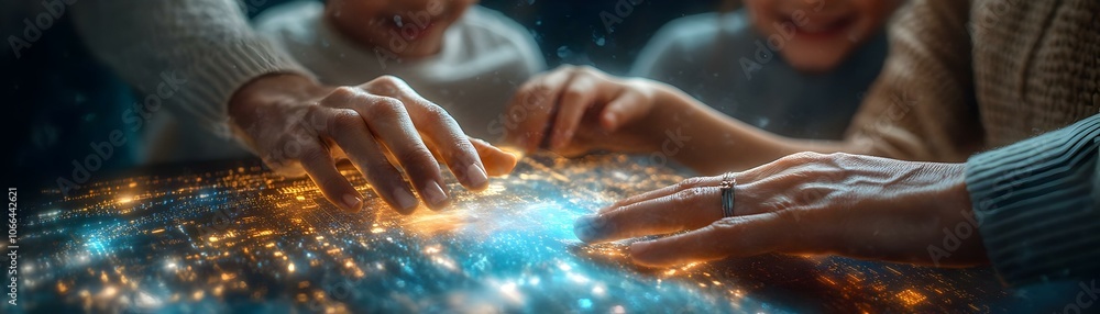 Poster close up family hands engaging holographic home assistant device - macro capture of family interacti