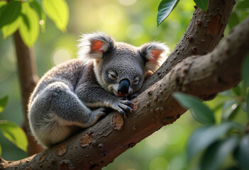 Fototapeta premium A sleepy koala takes a cozy nap in the sunlight on a tree branch during Australia Day festivities