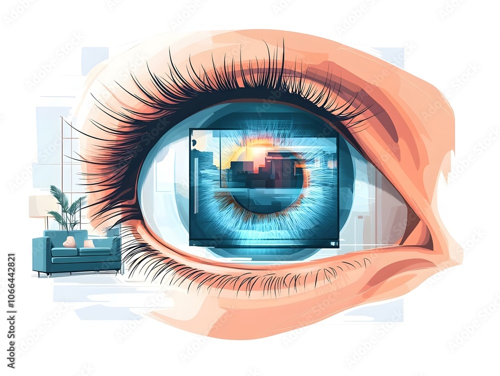Poster flat macro shot eye reflecting holographic data charts close-up detailed data analytics futuristic w