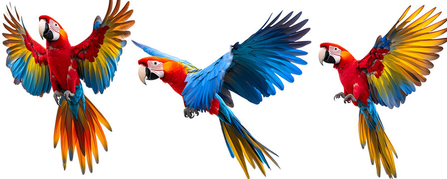 Collection of three birds, flying macaw parrots set. Red, blue and blue-and-yellow.