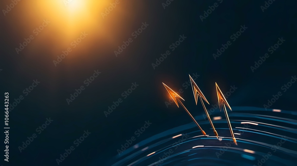 Poster three golden arrows point upwards on a dark blue surface with diagonal lines. they are illuminated b