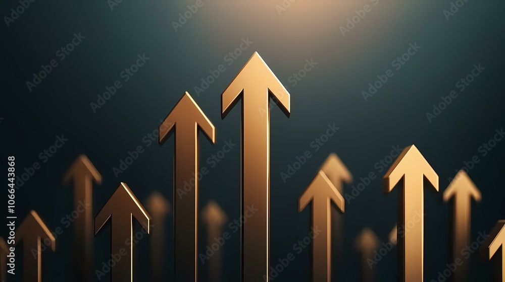 Poster the image contains a group of golden arrows pointing upwards against a dark background. they are all