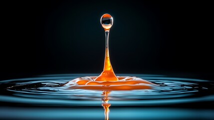 Capture the perfect moment of a drop of orange liquid creating ripples in water