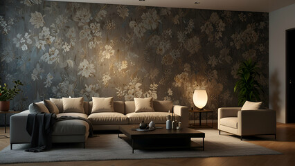Elegant luxury living room with floral mural wall and cozy lighting in modern decor