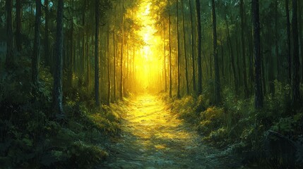 Fototapeta premium Golden Sunlight Drenches Forest Pathway