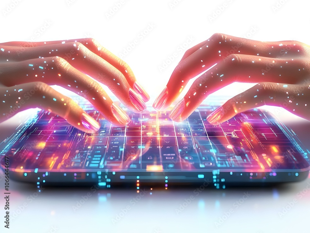 Poster flat macro shot fingers interacting holographic projection keyboard concept close up image typing fu