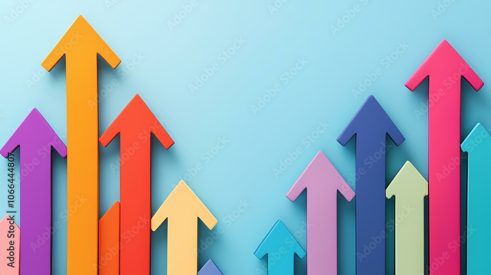 Poster the image contains a blue background with a row of colorful arrows pointing upwards. the arrows are 