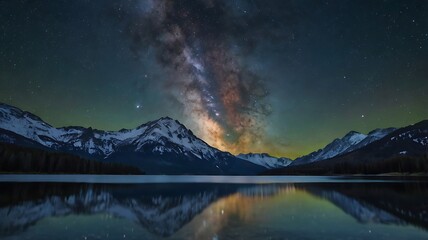 Milky Way Galaxy Reflected in Still Lake Water with Snow-Covered Mountains