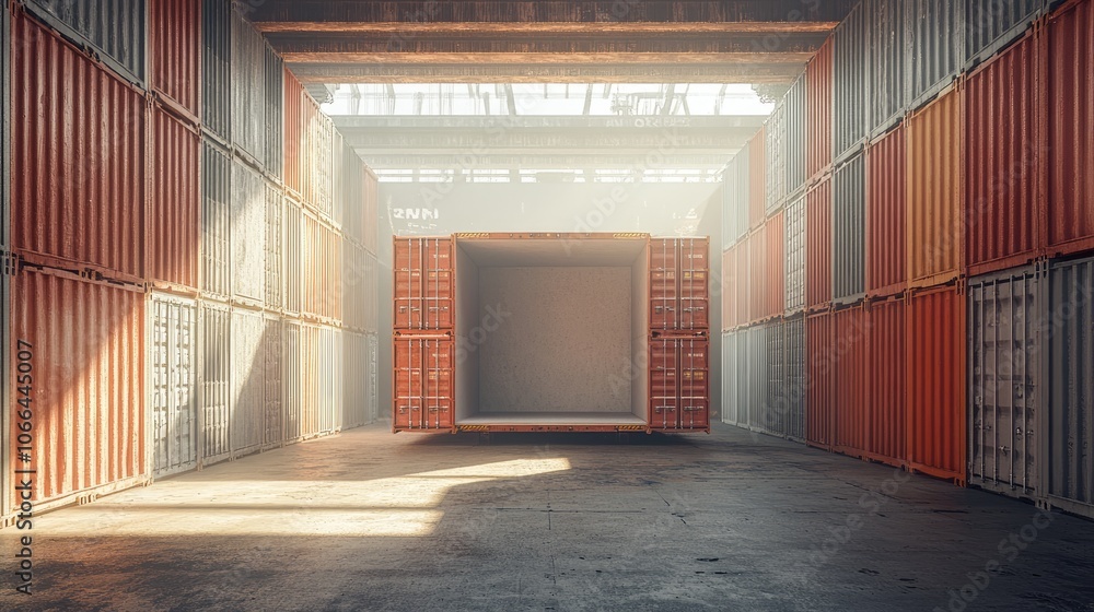 Poster open shipping container in a warehouse with rows of containers on either side.